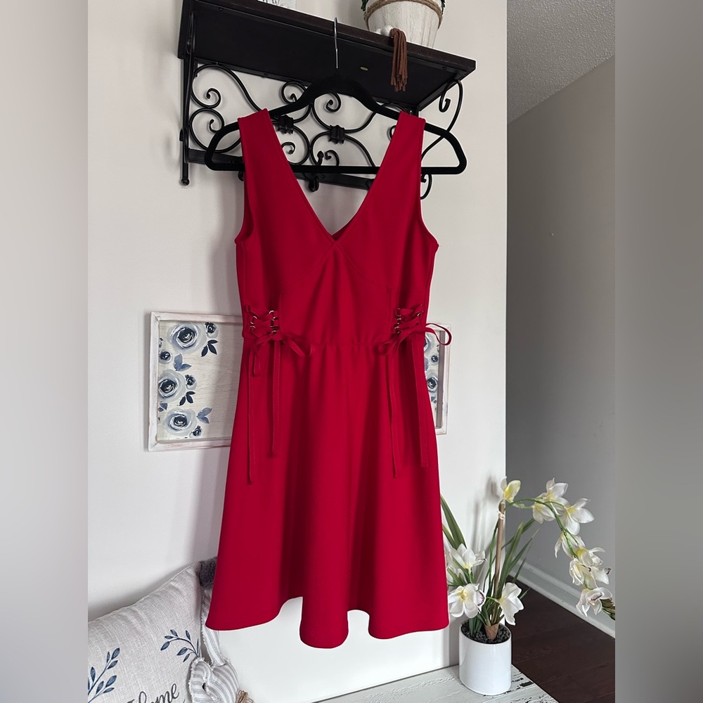 Elegant Red V neck Sleeveless mini Dress Corset Style